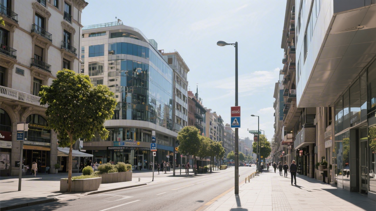 City view of Bilbao streets near a central avenue, modern buildings and pedestrian areas, representing accessible location for academy visitors.