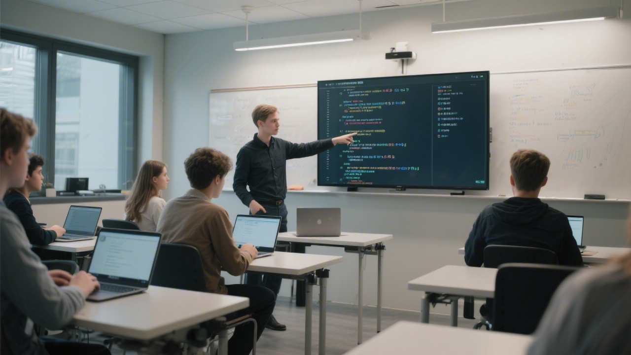 Detailed scene of a classroom with students focusing on laptops, instructor pointing at a screen with code examples, modern desks and neutral professional lighting.