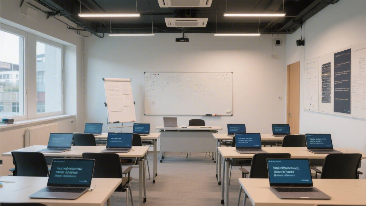 Wide view of a modern training room in Bilbao with laptops, whiteboards and soft lighting, creating a professional environment for web development learning and collaboration.