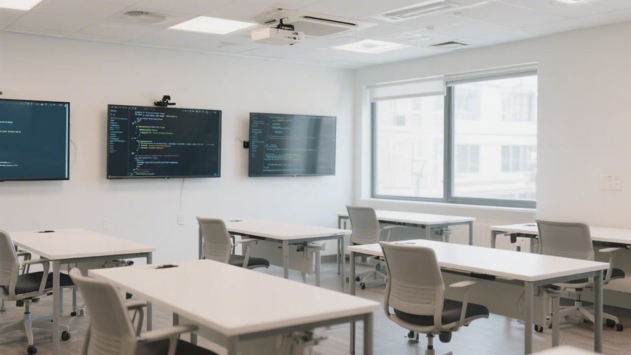 Instructor presenting web architecture concepts in a bright classroom with projected slides, students taking notes and a professional training environment.