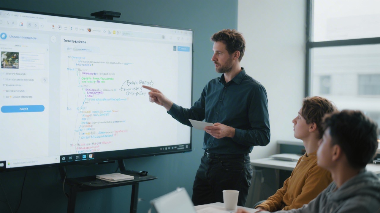 Instructor reviewing a student project on a large screen, with notes on UI improvements and code optimization, in a professional mentoring session.