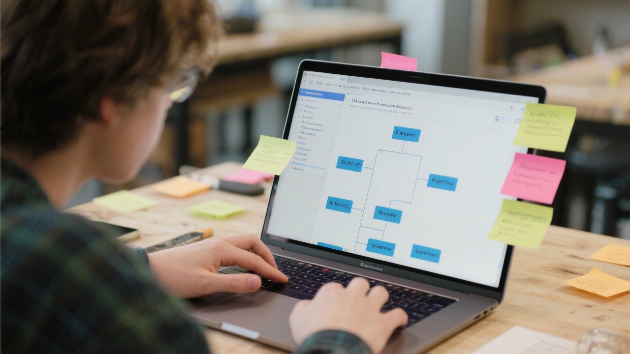 Close-up of a student working on a React project, showing a laptop with component structure, sticky notes around and a calm workshop atmosphere.