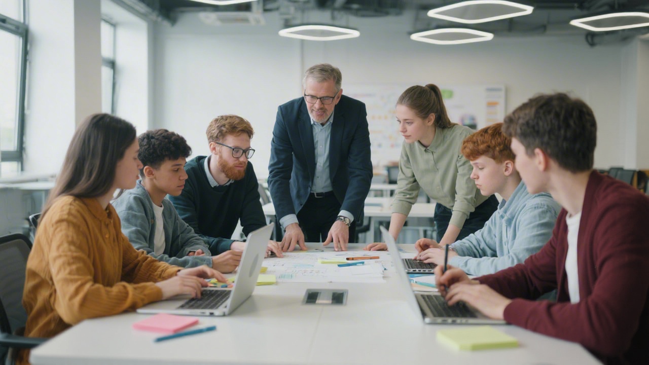 Group of educators and students collaborating around a table in a modern academy space, laptops open and notes visible, conveying teamwork and project planning.