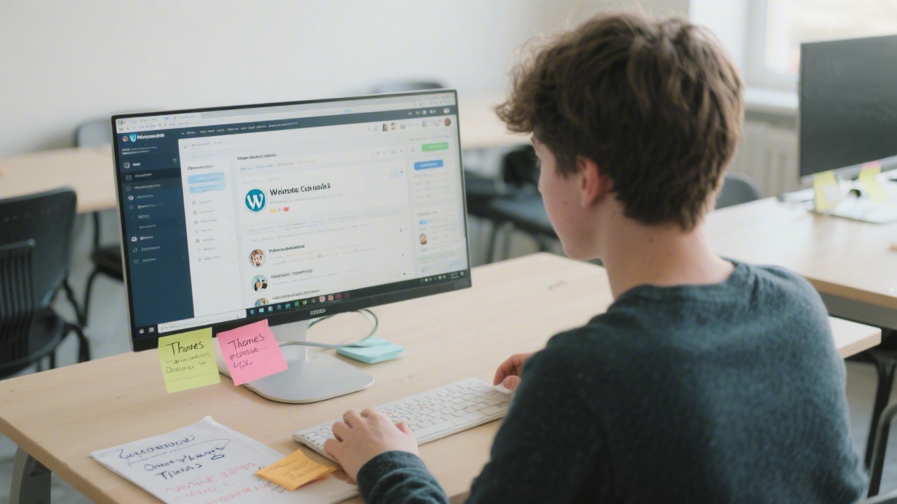 Student working on a WordPress dashboard in a calm academy setting, with notes about themes and plugins visible on a desk, representing practical learning.