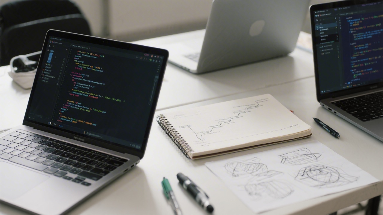 Close-up of laptops with code editors, a notebook with a project timeline, and design sketches, showing the tools used in professional web development training.